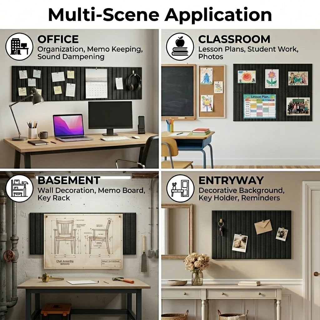LOUKAII 0.47" Extra Thick Felt Bulletin Board, 6 Pack 36"x24" Large Pin Board with 50 Push Pins & 30 Removable Adhesive Tabs, No-Warp Wall-Friendly Display for Home Office Classroom, Black