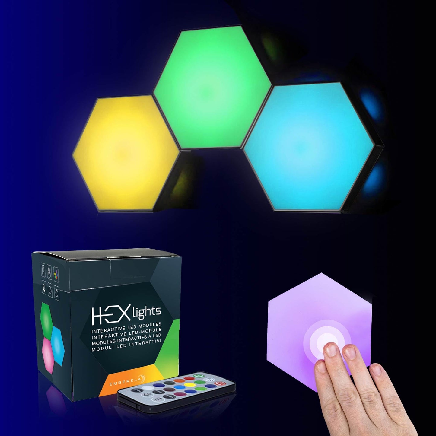 Emberela HEXlights 3-Pack Hexagon Lights, Touch and Remote Controlled RGB Wall Panels - LED Light Panels for Living Room, Bedroom, Game Room Decor - Table Stand Included