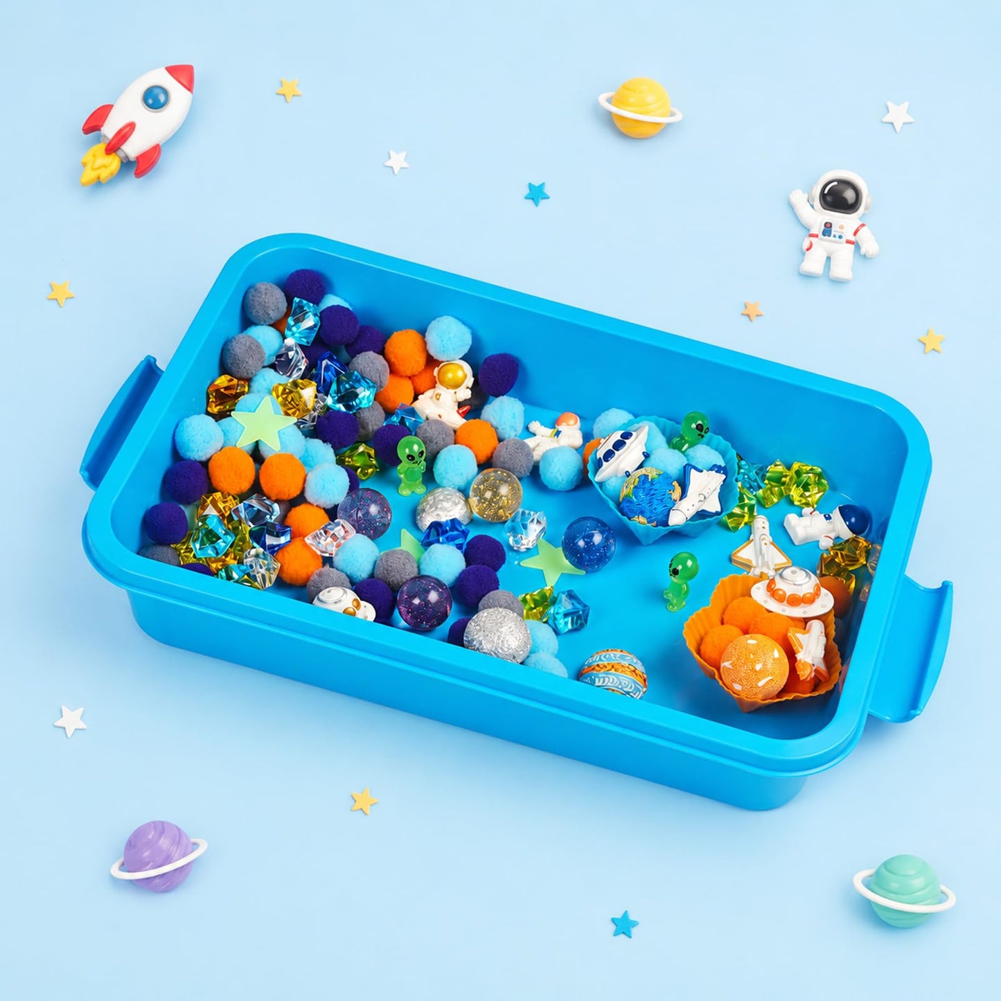 Cinrobiye 206 Pcs Outer Space Sensory Bin Fillers Set with Storage Box, Rocket Spaceship Astronaut Galaxy Accessories, Space Theme Activity Materials for Picnic Sensory Bins, Classroom Home Projects