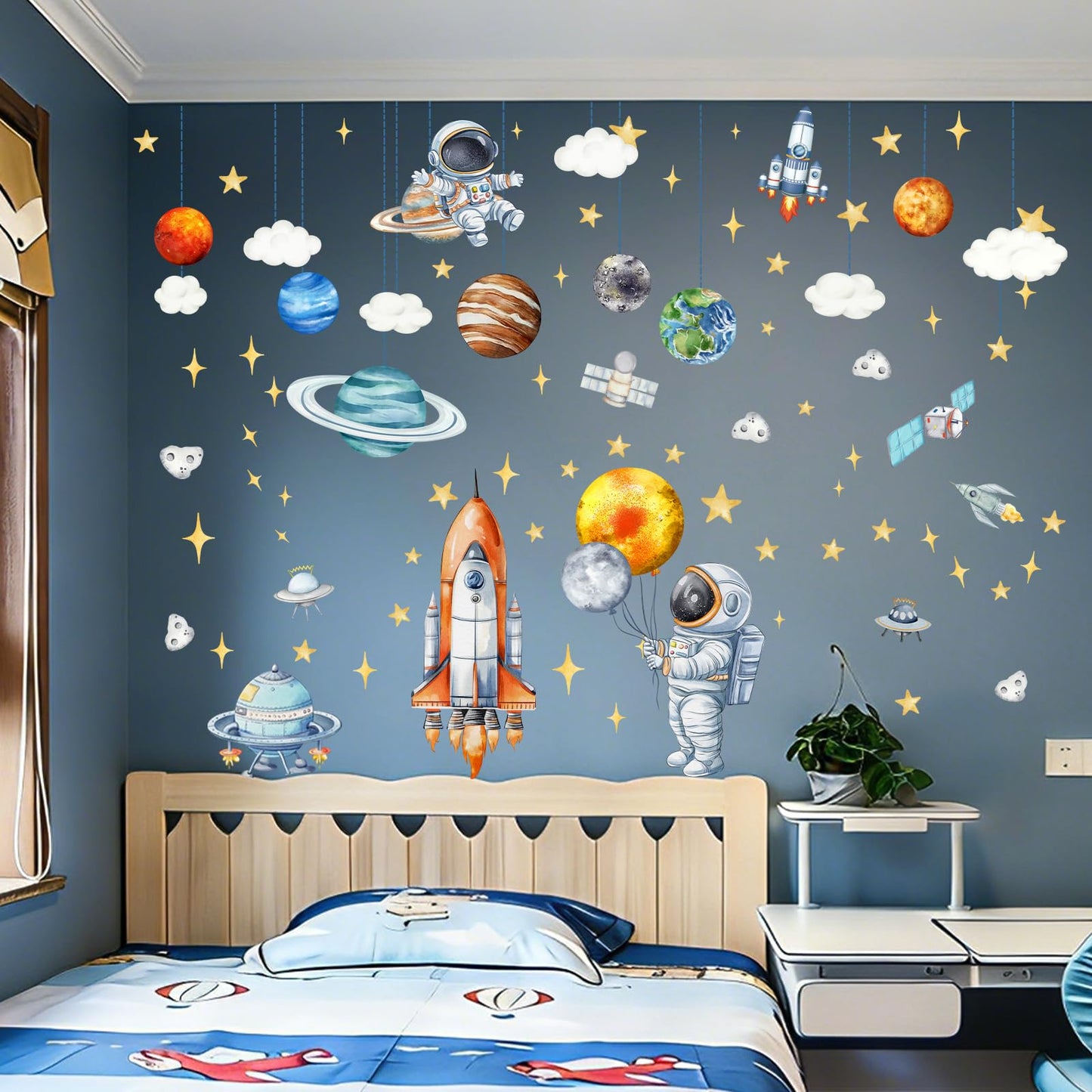 Space Astronaut and Planet Wall Stickers 3 Sheets Watercolor Galaxy with Rocket Decals Self-Adhesive Peel and Stick for Kids Room Nursery