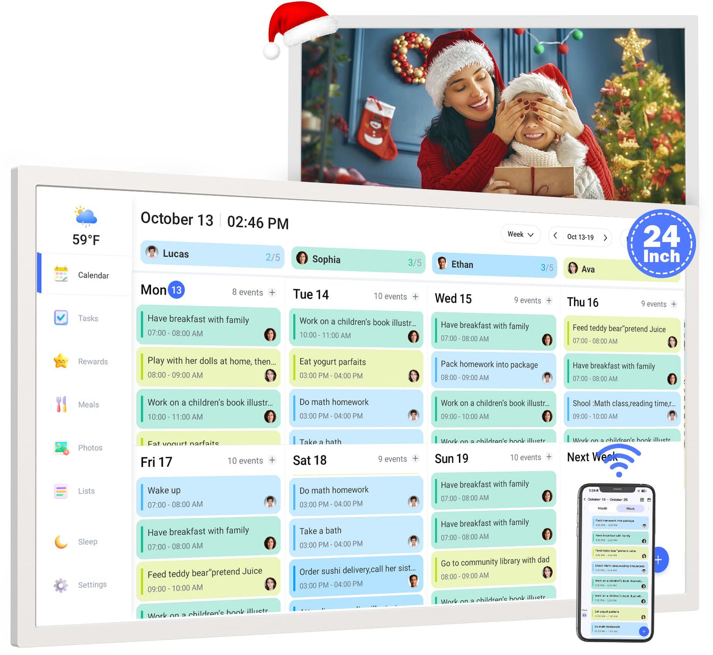 24" Smart Calendar Digital Chore-Chart-for-Planner - Touchscreen Display Electronic Calendar for Family Schedules, 32GB, Auto-Sync Google iCloud Outlook Calendars, Wall Mounted Household Organization