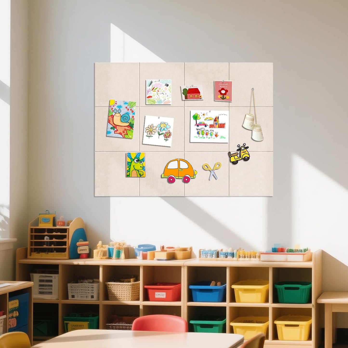 TSJOFFICE Large Cork Board for Wall - 48" x 36" Bulletin Board with 50 Pushpins for Office Decor, Pin Board 12 Pack Felt Wall Tiles with Safe Removable Adhesive Tabs, Corkboard for Home - Oatmeal