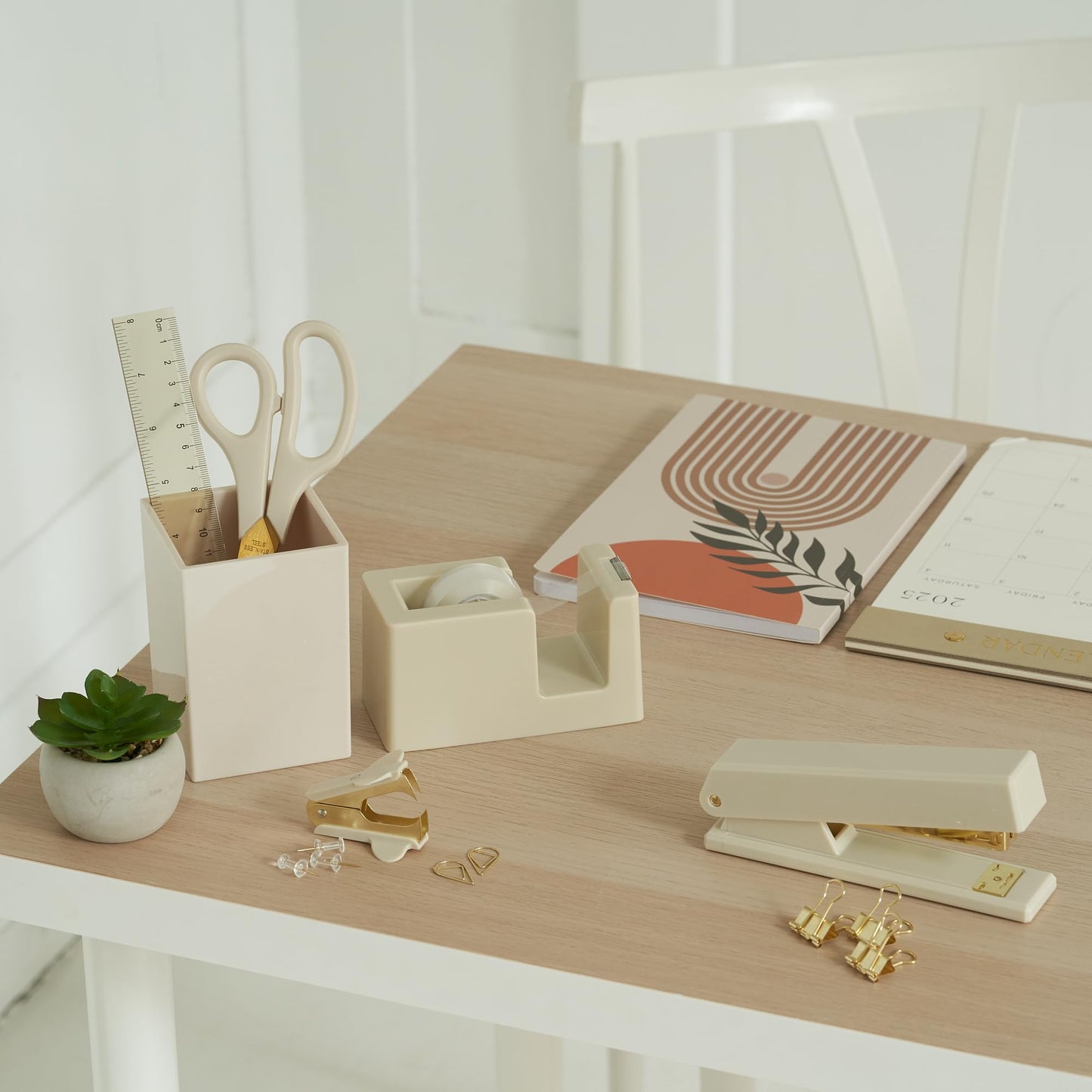 Aesthetic Desk Accessories Set - A Complete Desktop Organizer Set For Women Enhances Any Office Decor - An Office Supplies Kit w Gold Finish incl. Pen Holder, Scissors, Stapler, Tape Dispenser & More