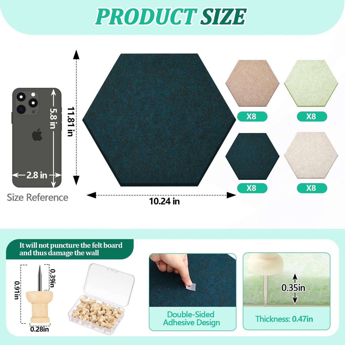 Mindsoft 32 Pcs 12'' x 10' Hexagon Felt Cork Board Tiles with 50 Wooden Push Pins, Felt DIY Bulletin Board with 4 Tape for Office School Home Wall Decor Stickers Memos Photos Display