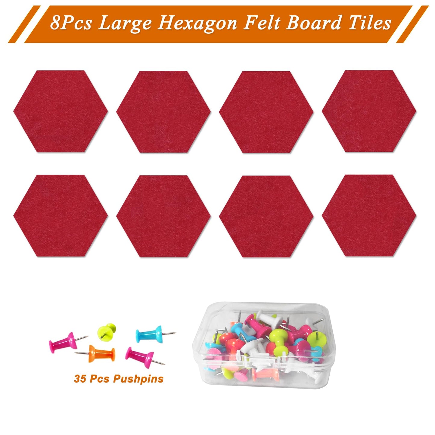 HULAVO Large Hexagon Felt Cork Board Tiles, Self Adhesive DIY Felt Bulletin Board Pin Board with 35 Pushpins for Office School Home Wall Decor Stickers Memos Photos Display(Red)