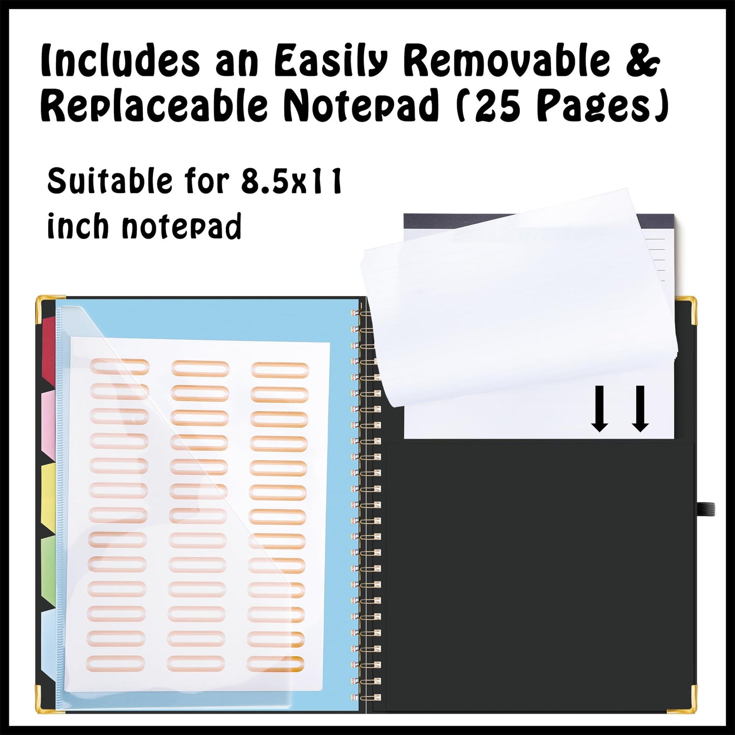HAUTOCO Clipboard Folio with Refillable Lined Notepad for Letter Size (11" x 8.5"), 5 Dividers with 10 Pockets, Elastic Pen Holder and File Folder Labels, Spiral Nurse Clipboard Artboard(Black)