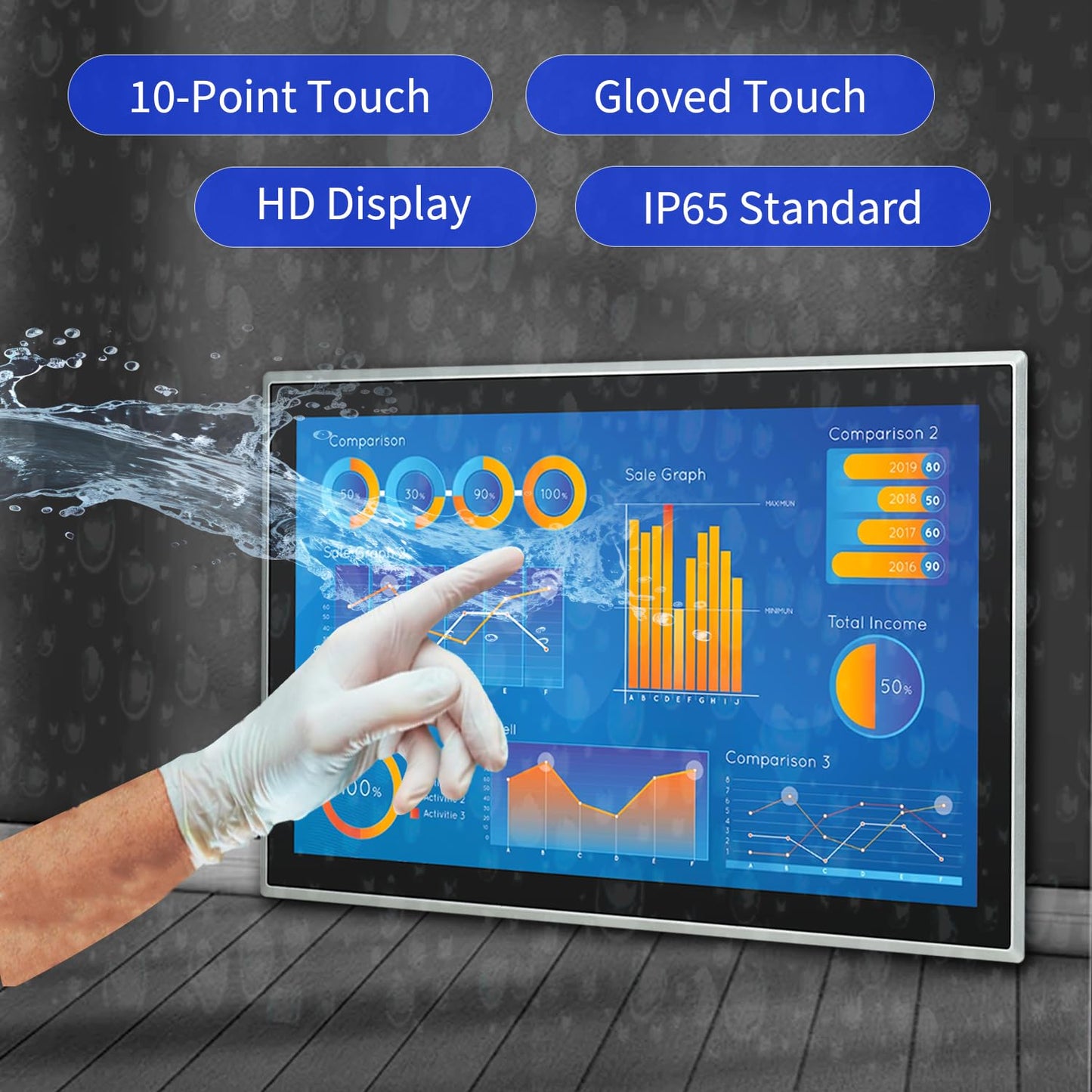 TouchWo 21.5 inch Industrial Embedded Touchscreen Monitor, Capacitive Multi-Touch Screen Industrial Front IP65 Monitor Built-in Speakers, HD-MI in, USB, VGA, 16:9 1920x1080 Display