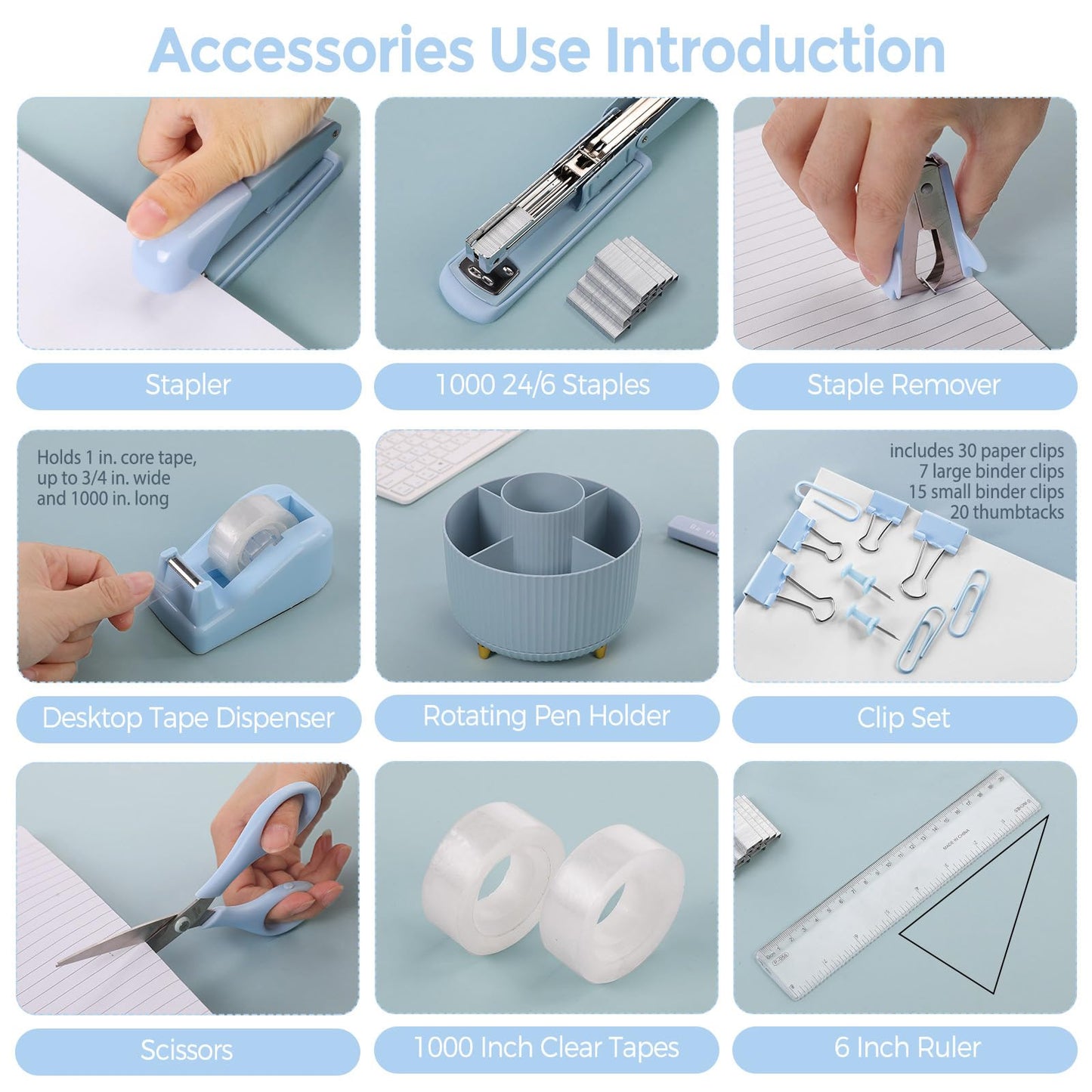 SKYDUE Desk Organizers and Accessories 10Pcs, 360-Degree Rotating Pen Holder, Stapler, Staple Remover, Tape Dispenser,2pcs Tape Refills, Binder Paper Clips Kit, Scissor (Blue)