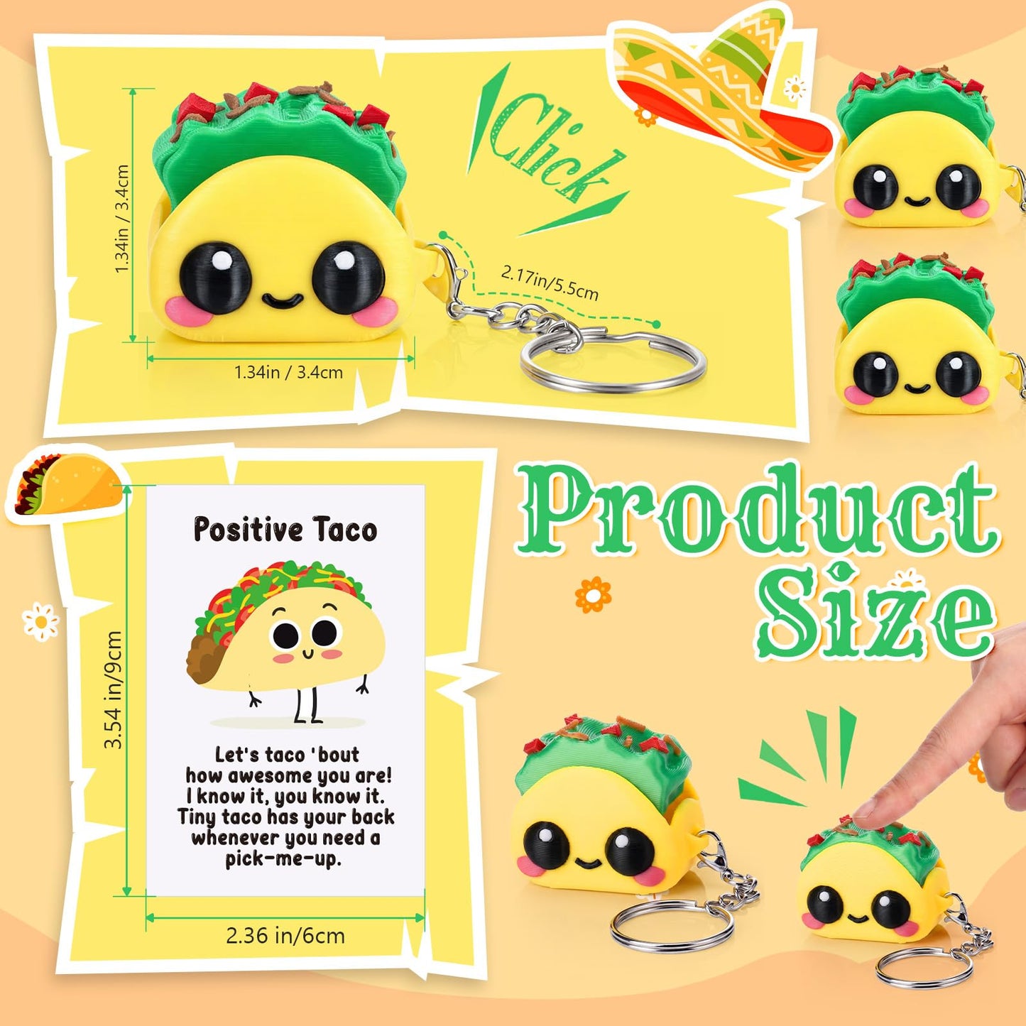 Junkin 24 Sets Taco Clicker Fidget Keychain 3D Printed Clicker Fidget Decompression Button Stress Relief Gifts with Positive Cards for Graduation Employee Coworker Staff Team Nurse Teacher