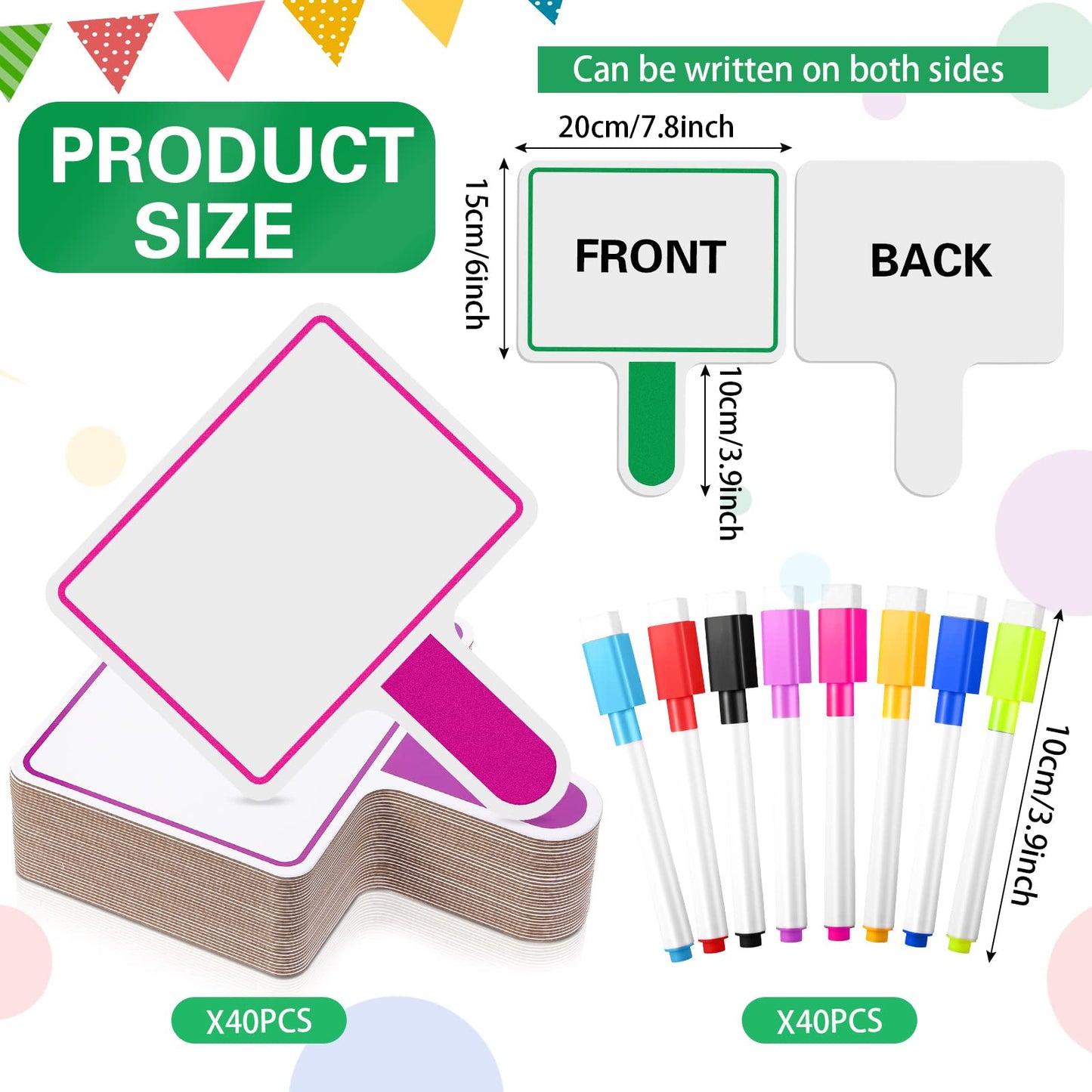 Crtiin 80 Pcs Colorful Dry Erase Paddles Set Include 40 Dry Erase Paddles with 40 Markers Double Sided Handheld Whiteboard for Answer Numbers Voting Blank Fans(Rectangle)