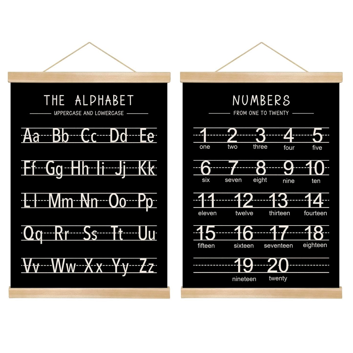Alphabet and Numbers Wall Chart Set of 2,Toddlers Educational Canvas Print Posters,Alphabet and 1-20 Number Learning Banners for Toddlers, Preschool Classroom, Nursery, Playroom,Kids Room Decor14 x 18.5 In(Black and white)