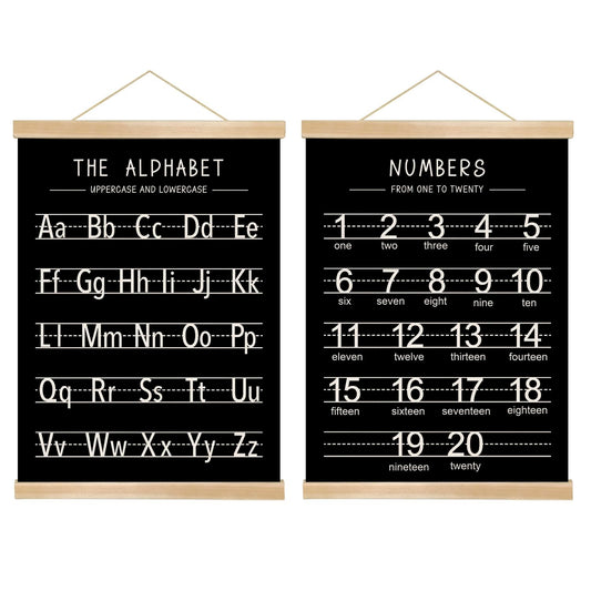 Alphabet and Numbers Wall Chart Set of 2,Toddlers Educational Canvas Print Posters,Alphabet and 1-20 Number Learning Banners for Toddlers, Preschool Classroom, Nursery, Playroom,Kids Room Decor14 x 18.5 In(Black and white)