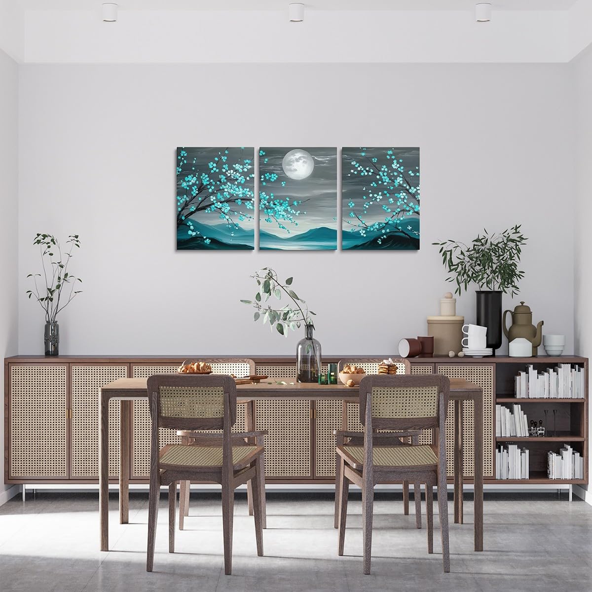jejeloiu Teal Blue Plum Blossom Canvas Wall Art for Living Room Bedroom 12"x16"x3pcs Moon Mountain Picture Wall Decor for Bathroom Floral Flower Office Decorations Artwork Posters Botanical Painting