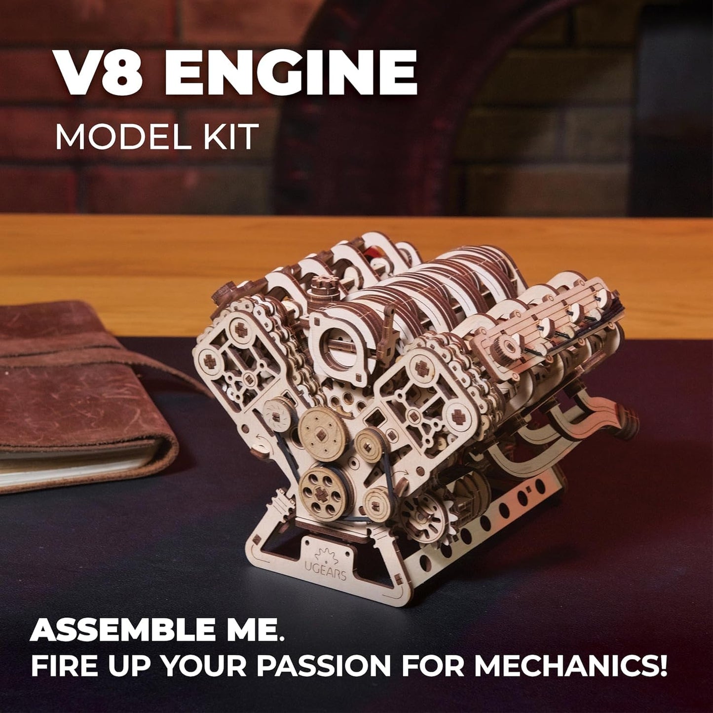 UGEARS V8 Engine Model Kit - 3D Wooden Puzzles for Adults, 3D Puzzle Model Engine Kit, DIY Kits Gifts for Engineers for Fathers Day, Wooden Model Kits for Adults to Build, Brain Teaser Hobby Set
