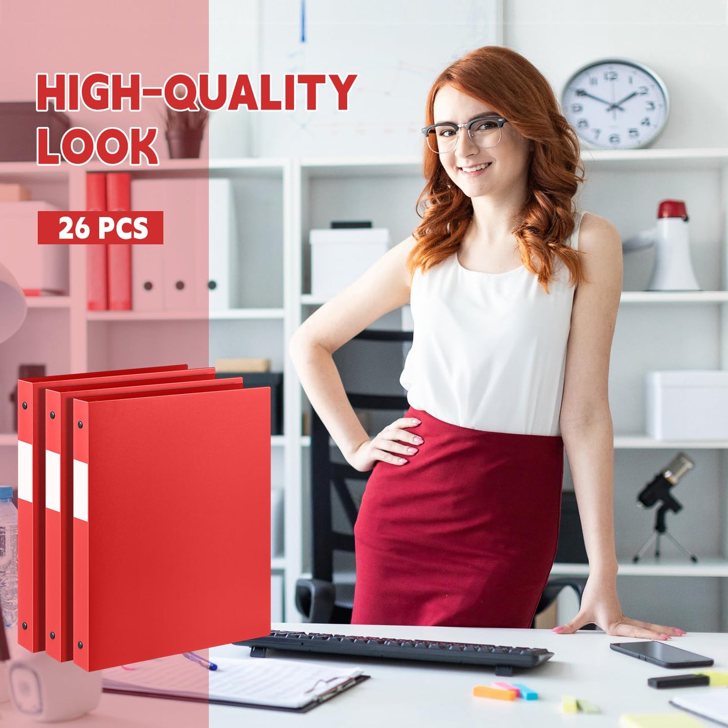 Henoyso 26 Pack 0.5 Inch Plastic 3 Ring Binder Round Ring, Bulk 1/2 Inch Flexible Binders Hold 140 Sheets Letter Size with Pocket, Document Organizer for Back to School Classroom Office (Red)