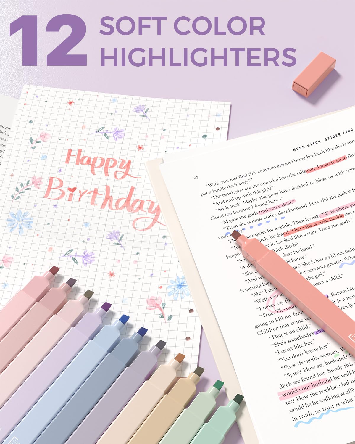 Four Candies 56 PCS Stationery Set, Cute Storage Case with Supplies, 6 Multicolor Pens, 12 Pastel Highlighters, 5 Gel Pens Black Ink, 9 Mechanical Pencils for College Essentials Stuff (Purple)