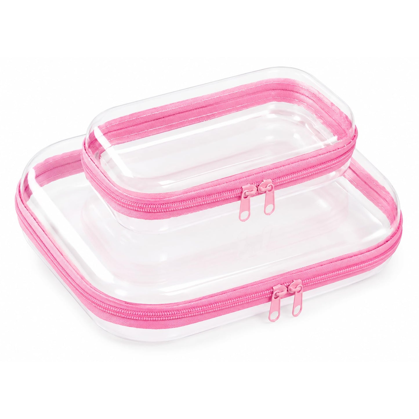 2-Pack Clear Hardshell Zipper Case, 1.2mm Thicken Crush-Proof Travel Toiletries Bag, TSA Approved Portable Zipper Pouches, Rigid Toiletry & Diaper Bag Organizer for Tech, Toys & Art Supplies(Pink)