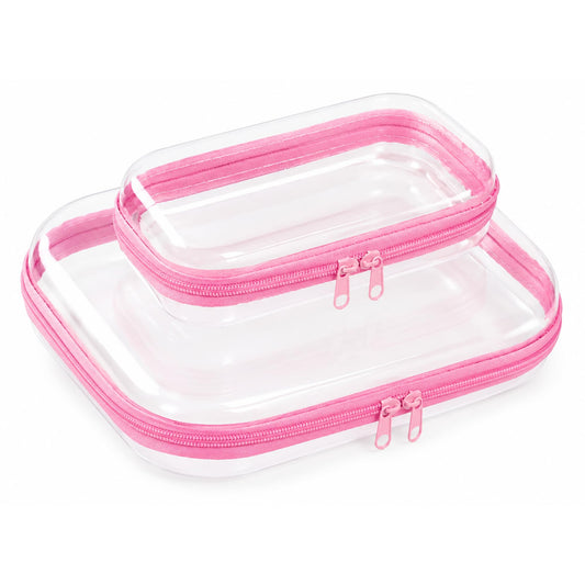 2-Pack Clear Hardshell Zipper Case, 1.2mm Thicken Crush-Proof Travel Toiletries Bag, TSA Approved Portable Zipper Pouches, Rigid Toiletry & Diaper Bag Organizer for Tech, Toys & Art Supplies(Pink)