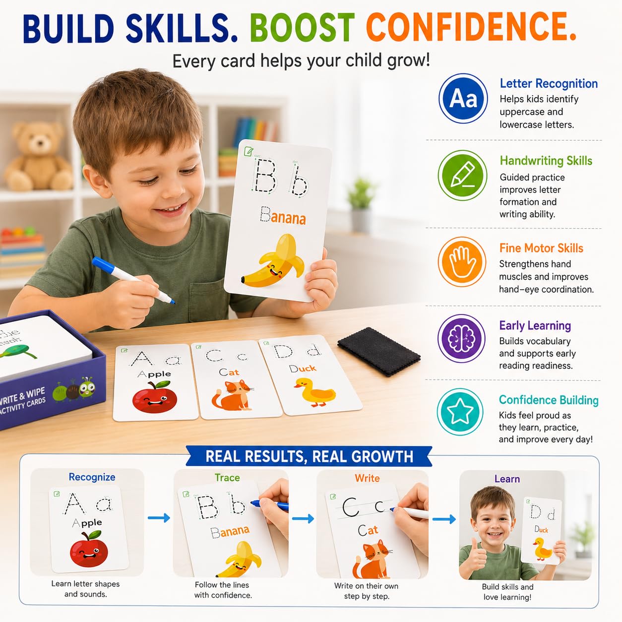 Write & Wipe Activity Cards for Kids, Reusable Tracing Flash Cards, Preschool Handwriting Practice Set, Letter Number Math Learning Activities Ages 3-6 (Letter Tracing)