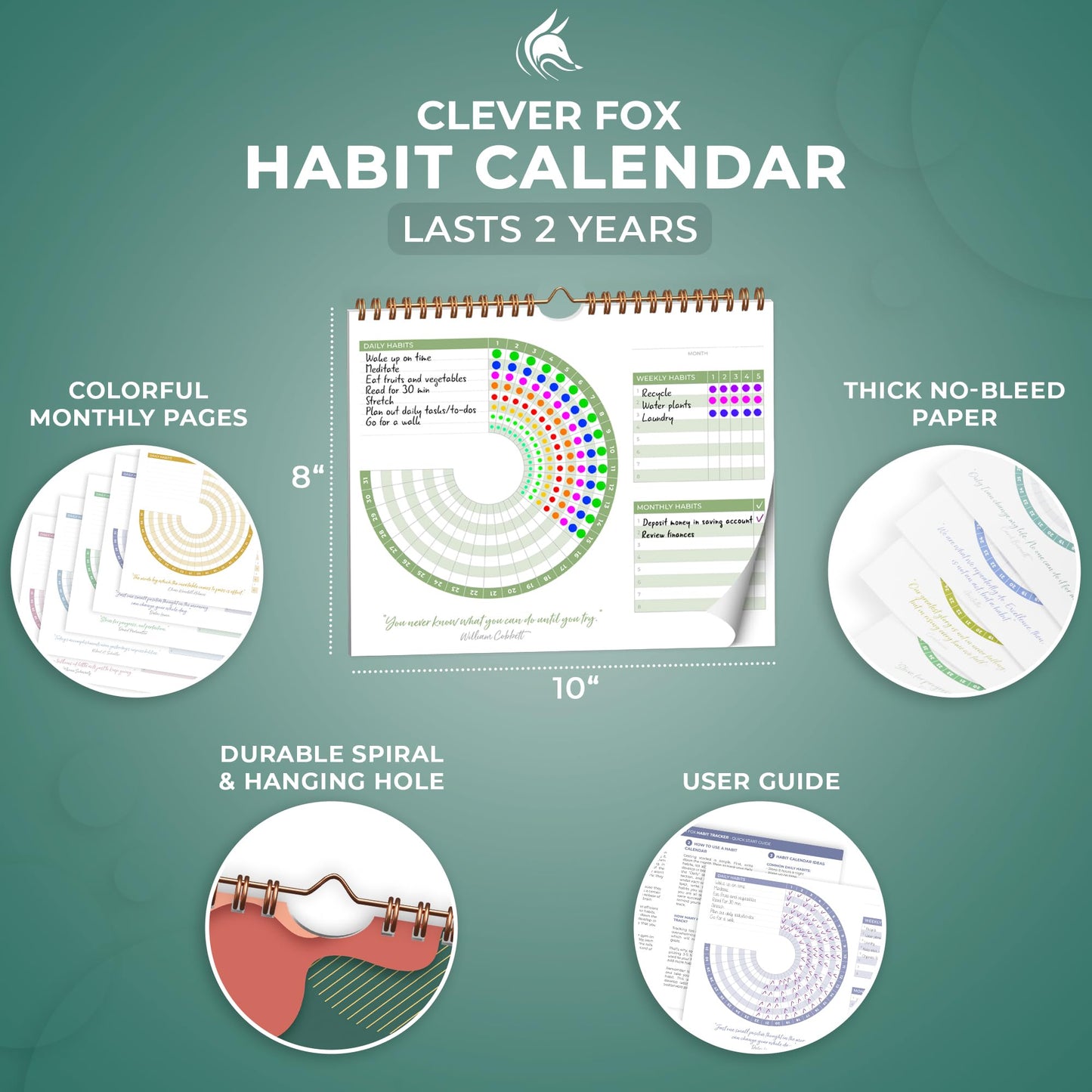 Clever Fox Habit Calendar Circle – 24-Month Inspirational Daily Habit Tracker with Colorful Pages – Routine & Goal Planner Journal (Dark Green & Red)