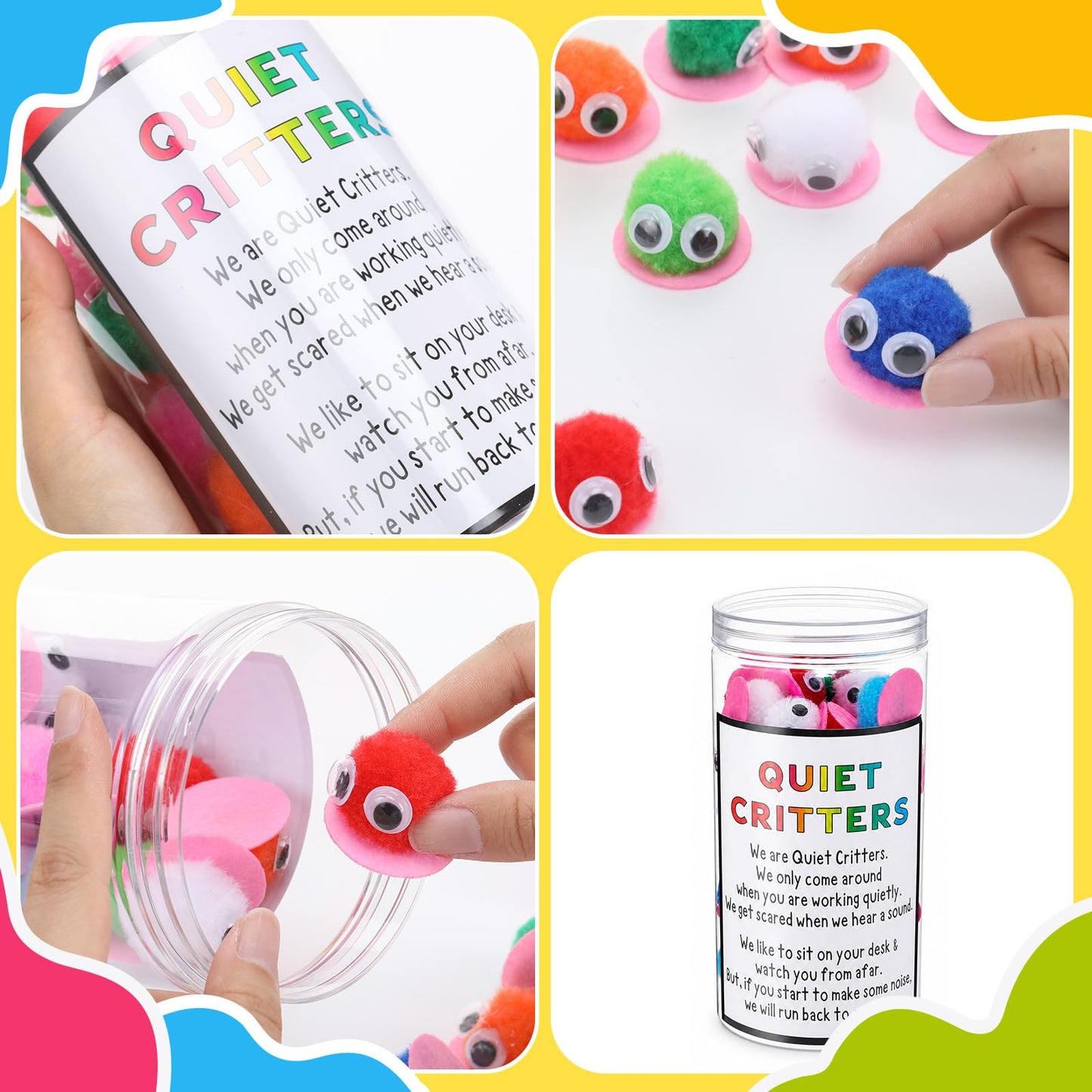Soulchen 50 Pack 1'' Multicolor Pom Poms Critters with Plastic Jar Quiet Critters Classroom Management, Behavior Classroom Management Tool, Homeschooling, Educational and Learning Activities for Kids