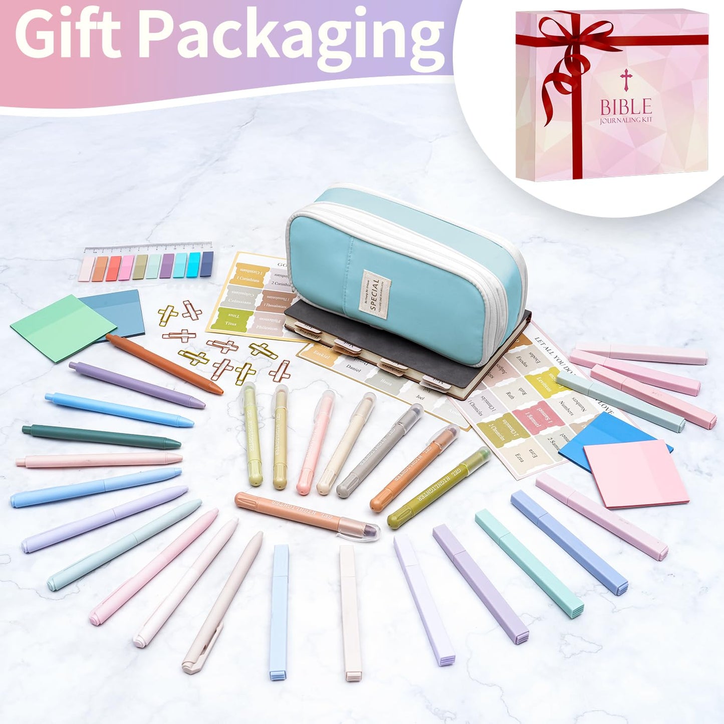 KOPKOFT Bible Study Supplies, Bible Journaling Kit for Women with Journal, Pen Case, Tabs, Highlighters and Pens, Bible Accessories Set for Women Students Beginner, Christian Gifts (Blue)