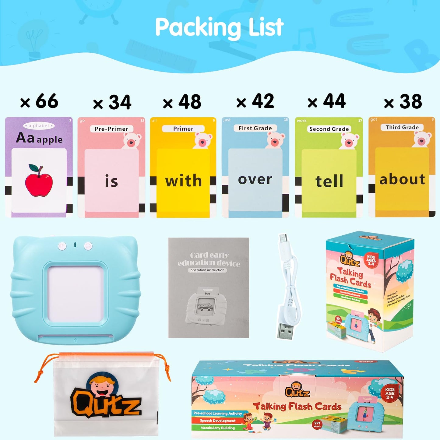 QuTZ Talking Flash Cards,ABC Learning for Toddlers 2-4, Autism Toys, Speech Therapy Toys, Educational Words Flash Cards Kindergarten for Boys and Girls, 272 Sight Words