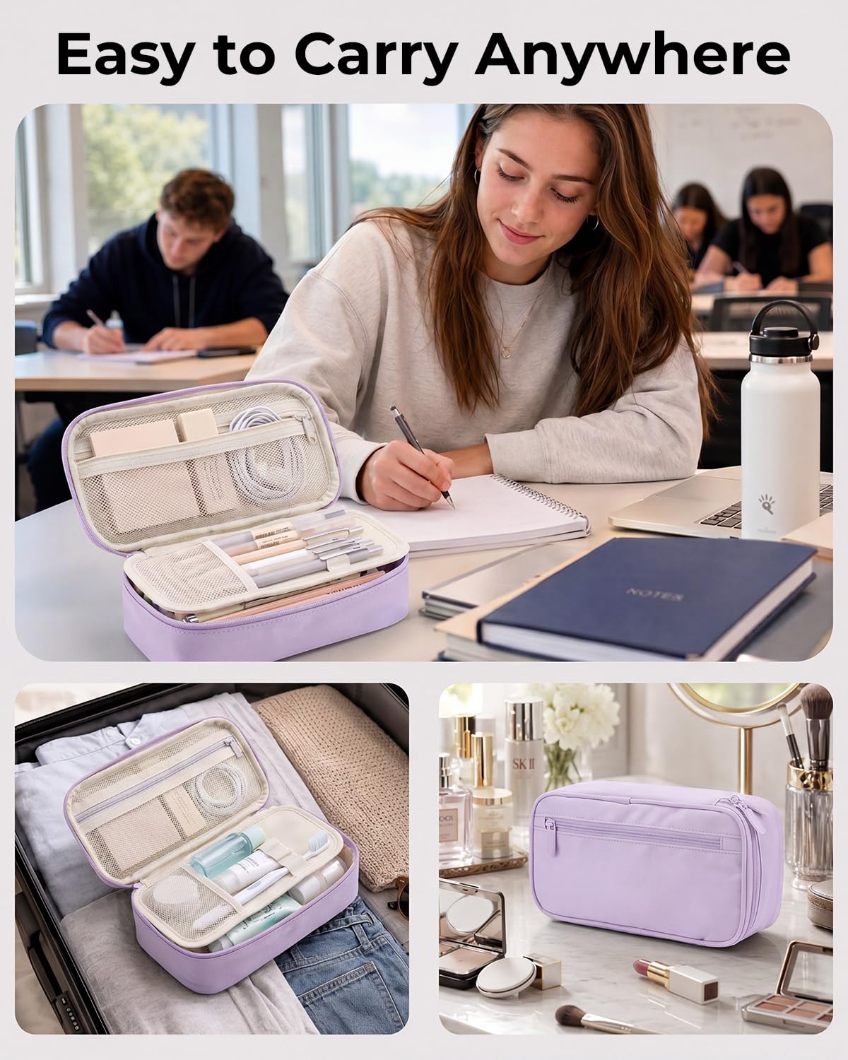 WEMATE Pencil Case, Large Storage Organizer, Makeup Bag, Teacher Must - have, Big Pencil Pouch, Marker Case for College (Light Purple)