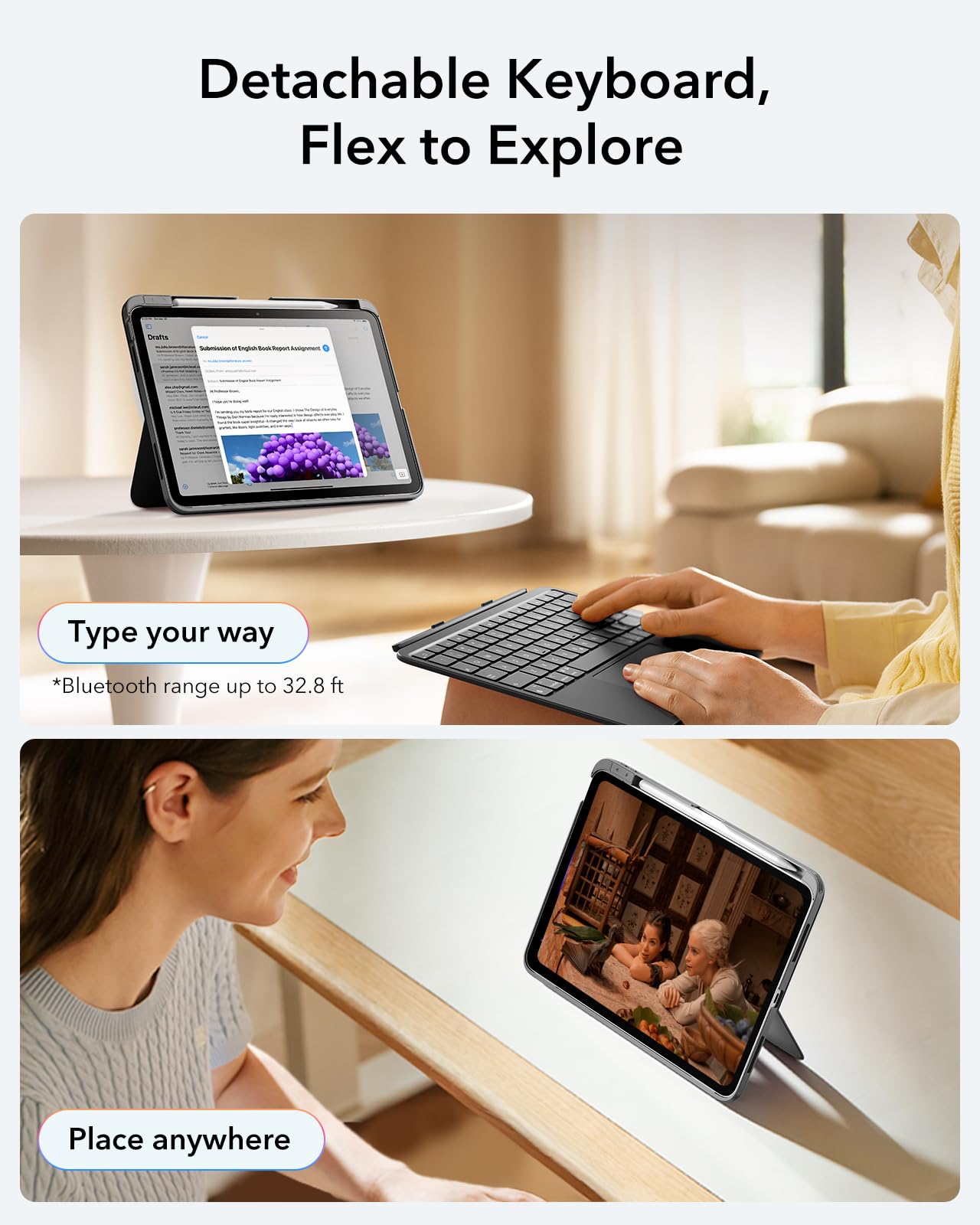 ESR for iPad (A16) 11th/10th Gen Flex Keyboard Case, Ultra-Light Magnetic Detachable Keyboard for iPad 10.9" with Writing/Viewing Modes, Larger Precision Trackpad, Dark Gray