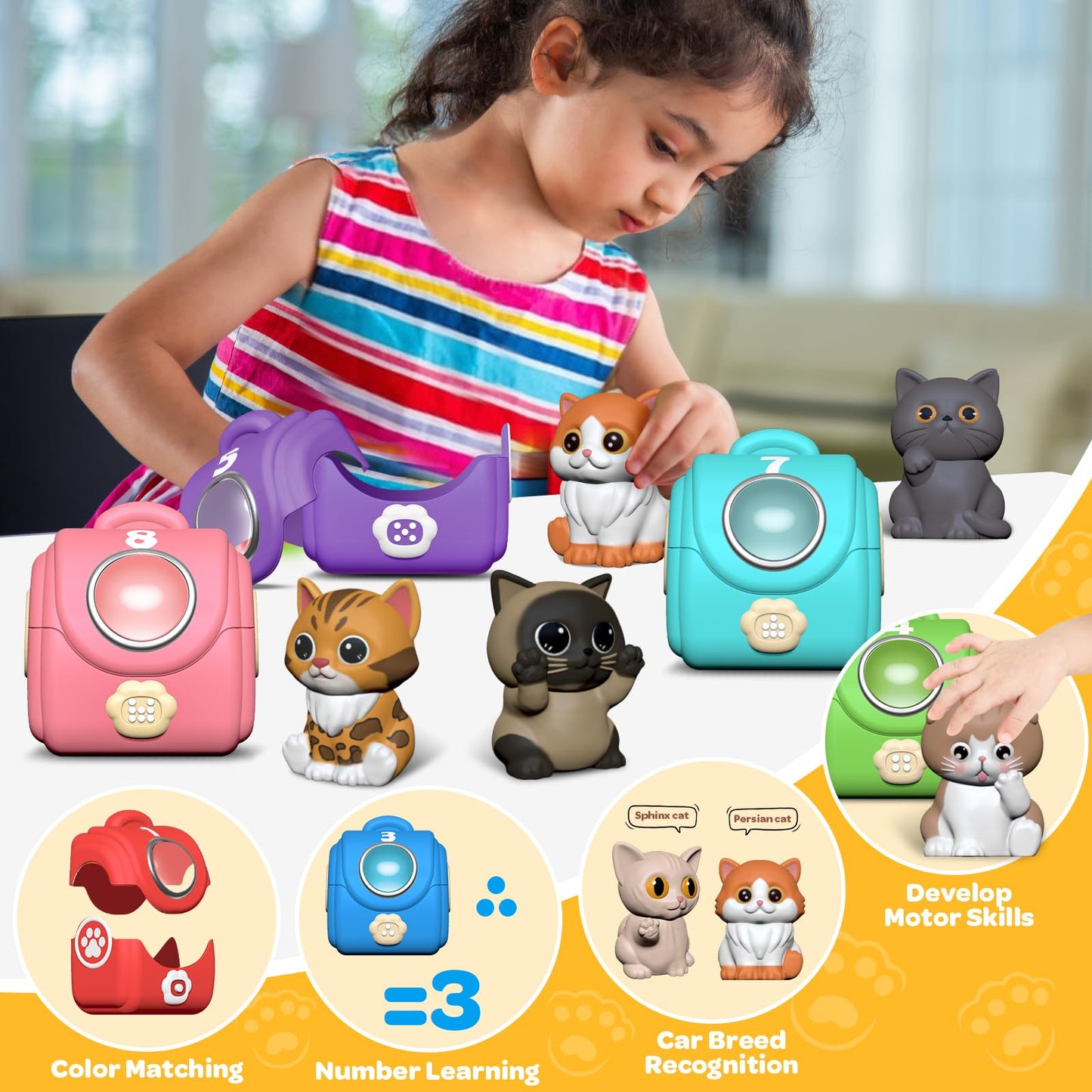 Letapapa Learning Toy for Toddlers 1 2 3 Year Old, 20 Pcs Cat Toys for Kids, Counting, Matching & Sorting Montessori Educational Sensory Toys, Christmas Birthday Easter Gift for Baby Boy Girl 1-3