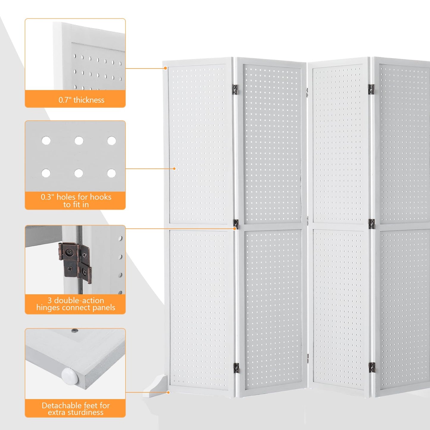 Bonnlo 4/6 Panel Pegboard Freestanding, 5 FT Portable Display Board Organizer for Craft Show Jewelry, Wooden Folding Privacy Screen Room Divider (White, 6 Panel with Base)