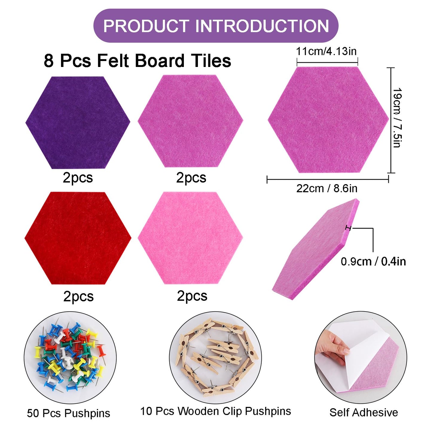 Vuzvuv 8 Pcs Hexagon Bulletin Board with 50 Pushpins & 10 Wooden Clip Pins Adhesive Cork Board for Wall，Felt Pin Board for School，Office Decor（Deep Purple）