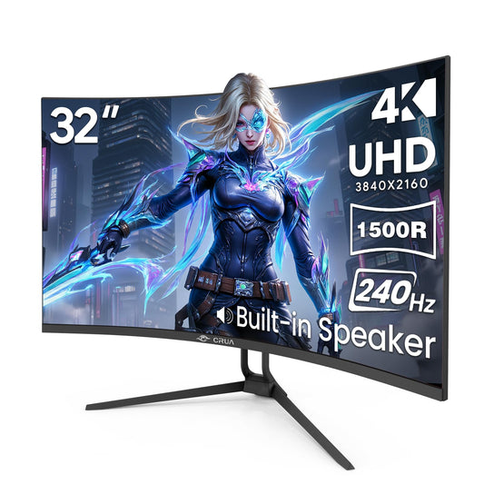 CRUA 32'' 4K Curved Gaming Monitor, UHD 3840x2160 240Hz VA Screen, 1500R, FreeSync, 120% sRGB, Built-in Speakers, PIP/PBP, DP 1.4 & HDMI 2.1, Tilt Adjustable/Wall Mountable-Black