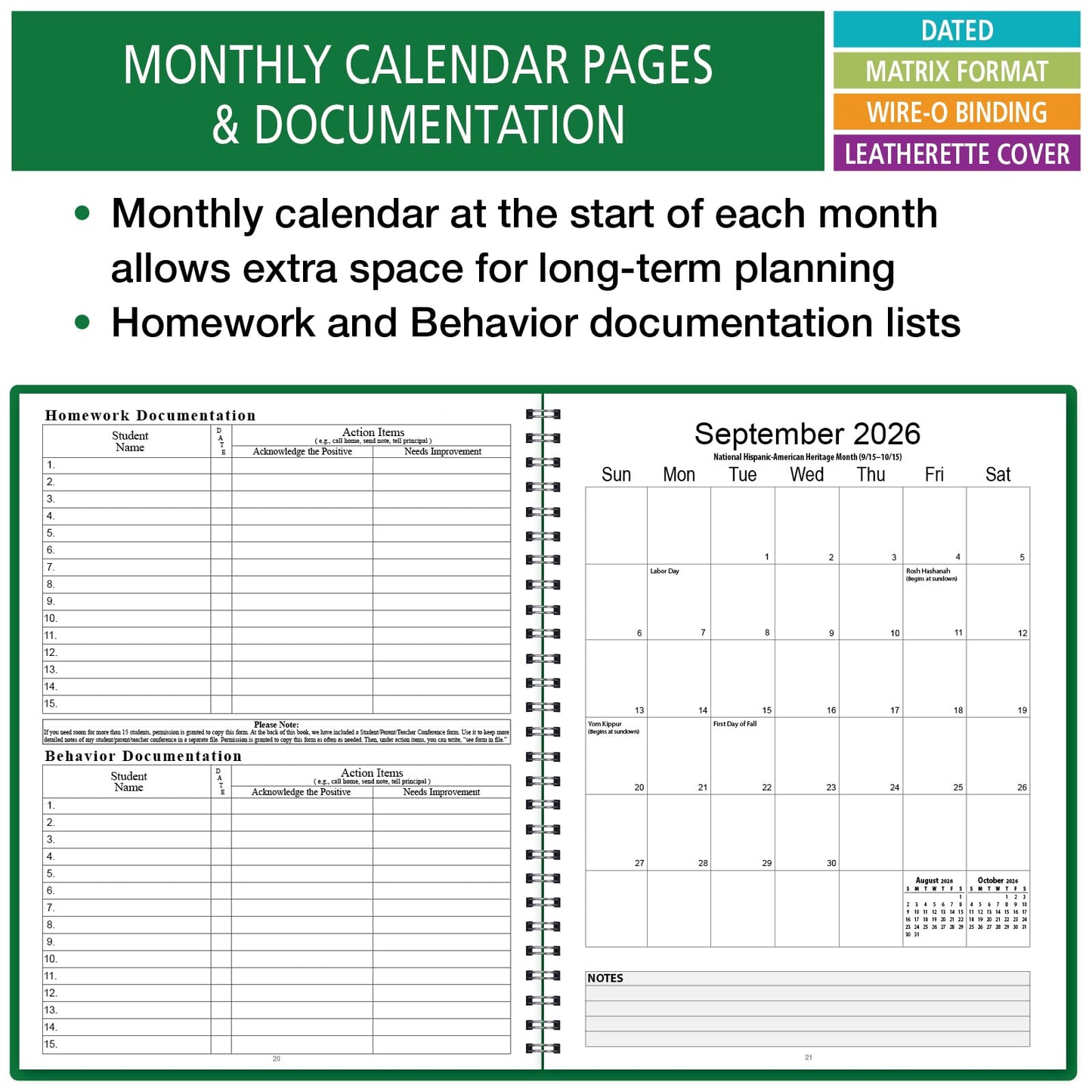Elan Publishing Company Dated Teacher Lesson Plan 7 Period: Days Horizontally Across The Top Dated for 2026-2027 Academic Year (Green)