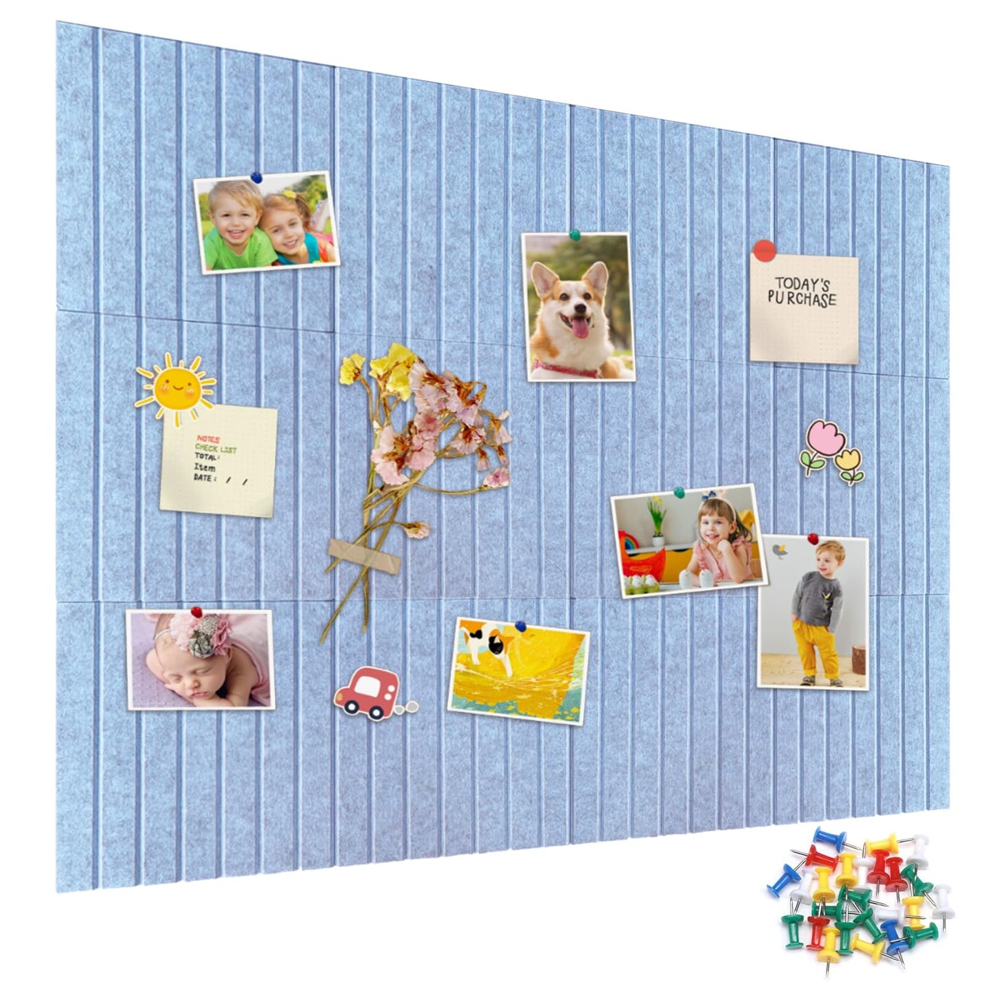 15 Pack Felt Bulletin Board, 35" x 59" Large Light Blue Pinboard with 30 Push Pins, Felt Pin Board, Self-Adhesive Cork Board Tiles for Home, Office Walls, School Classroom Message Photos Display