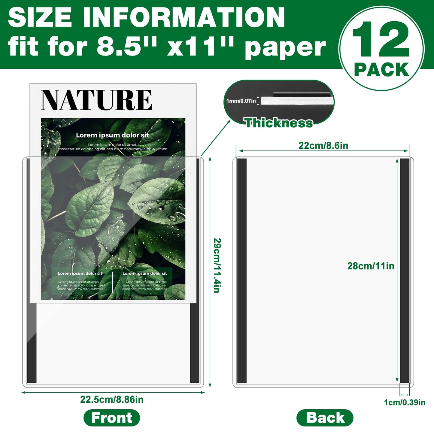 Meetory 12 Pcs 8.5'' x 11'' Rigid Magnetic Sign Holders, Clear Plastic Paper Holder with Magnet Borders for Fridge Suitable for Poster Letter Size, Perfect for Office, Home and Store Displays