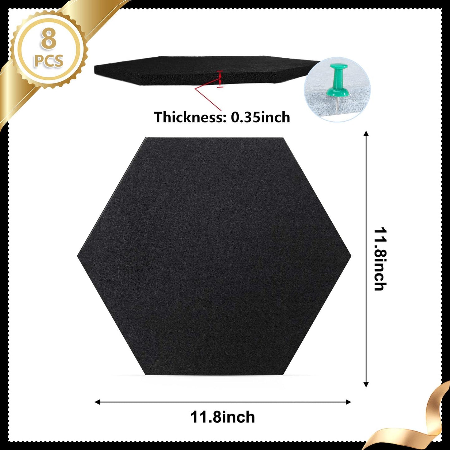 8 Packs Hexagon Felt Pin Board, 12" Bulletin Board with 30 Push Pins, Felt Board for Home Kitchen Office Decor, Self-Adhesive Corkboard Tiles for Walls School Message Photos Memos-Black