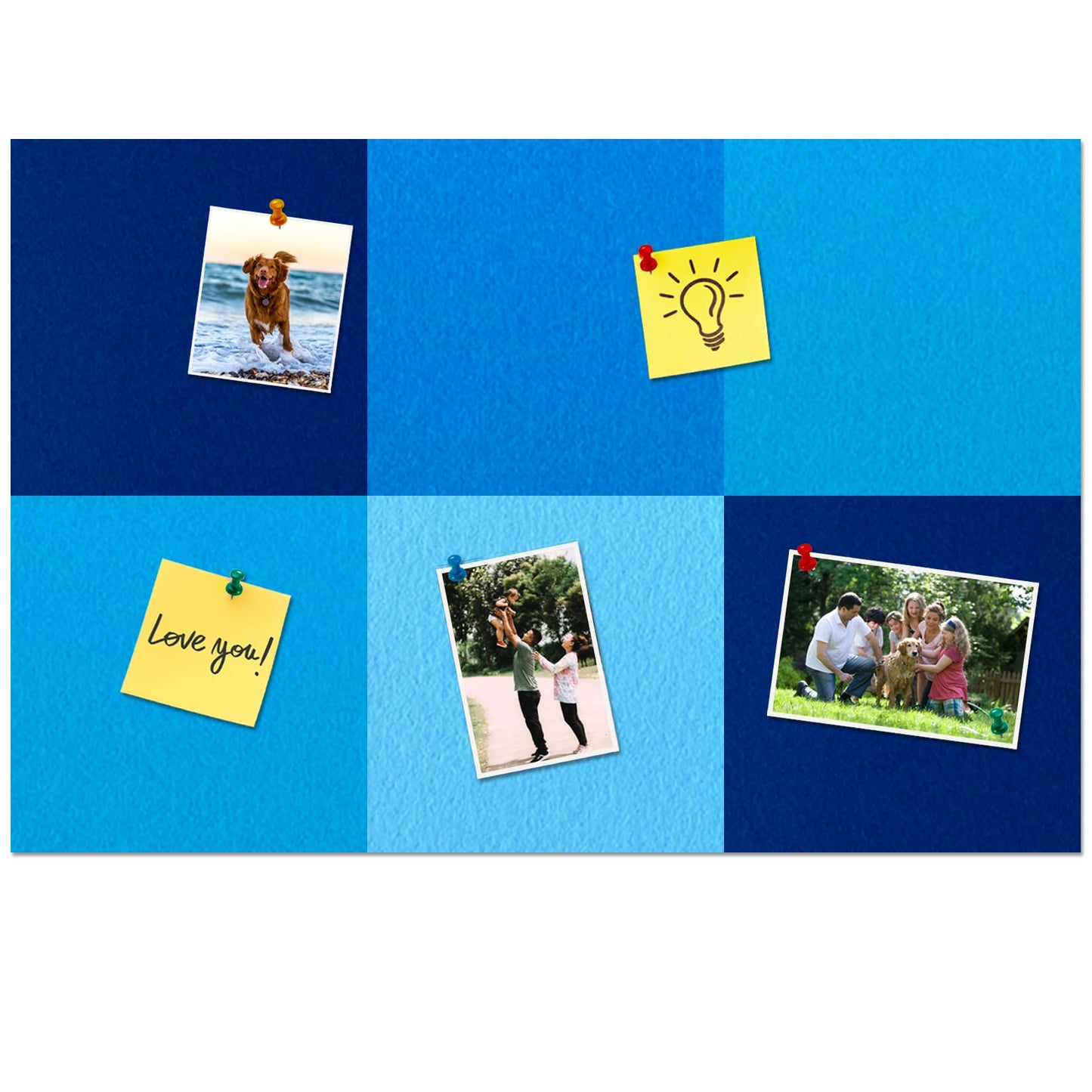 HULAVO Square Felt Cork Bulletin Board Tiles, Self Adhesive DIY Felt Pin Board for Wall 30" x 20" with 35 Pushpins for Office School Home Wall Decor Stickers Memos Photos Display (Gradual Blue)