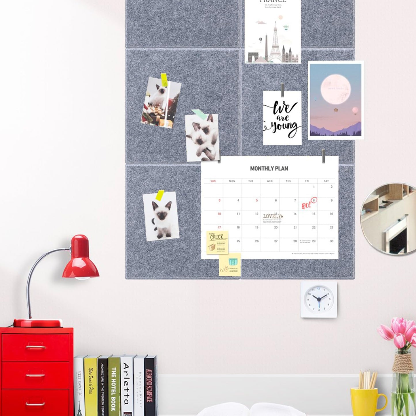 Geytetqi 12 Pack 12" x 12" Felt Boards, Grey Square Felt Wall Tiles, Self-Adhesive Cork Bulletin Board for Home, Office, and Kitchen Decor(1/2 Inch Thickness)