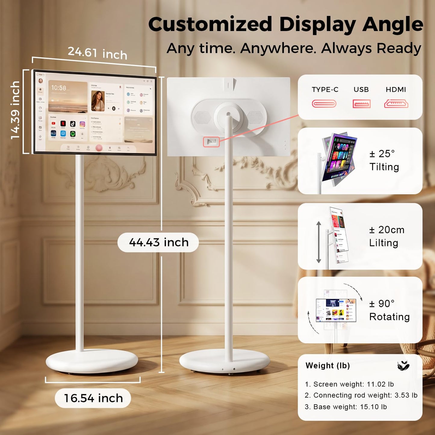 27" Portable Smart Touchscreen Tablet TV on Wheels, Android 15 OS Mobile Smart Display with Google EDLA Certification, 6GB+128GB, Built-in Battery, 4K Camera, Wireless Casting, Rotating Rolling Stand