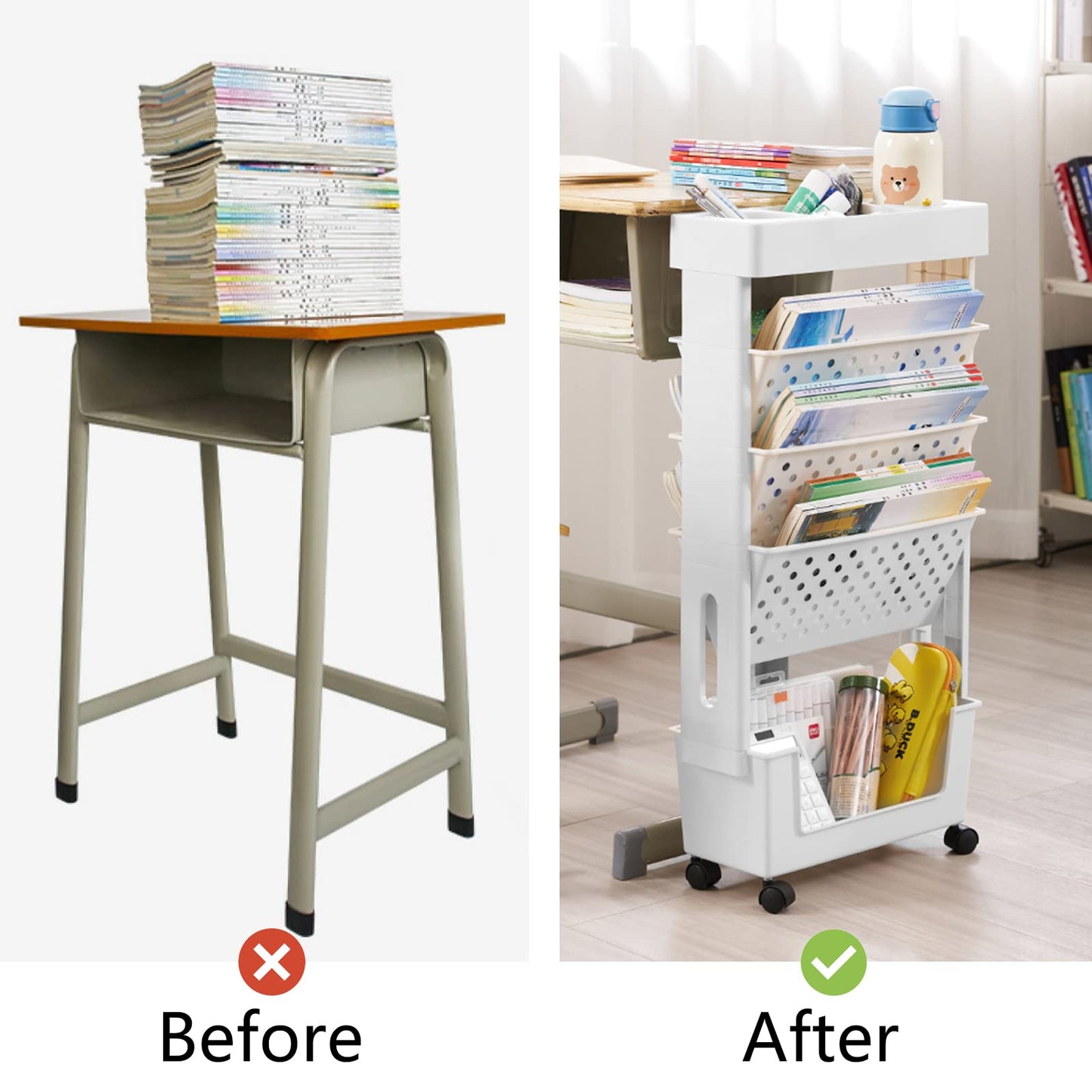 CINPIUK White Rolling Office Paper Organizer, Mobile Book Cart Document Folder File Storage with Pen Holder, Slim Rolling Storage Cart Movable Bookshelf for Office, Dorm, Classroom, Nursery