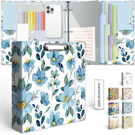 2 Inch 3 Ring Binder Organizer, Three Ring Binders with Clipboard, 5-Tabs Pockets Dividers, Plastic Folder, 18 Divider Stikers, KLLVE Decorative Binder with Pen Loop (Blue Flora, Letter Size)