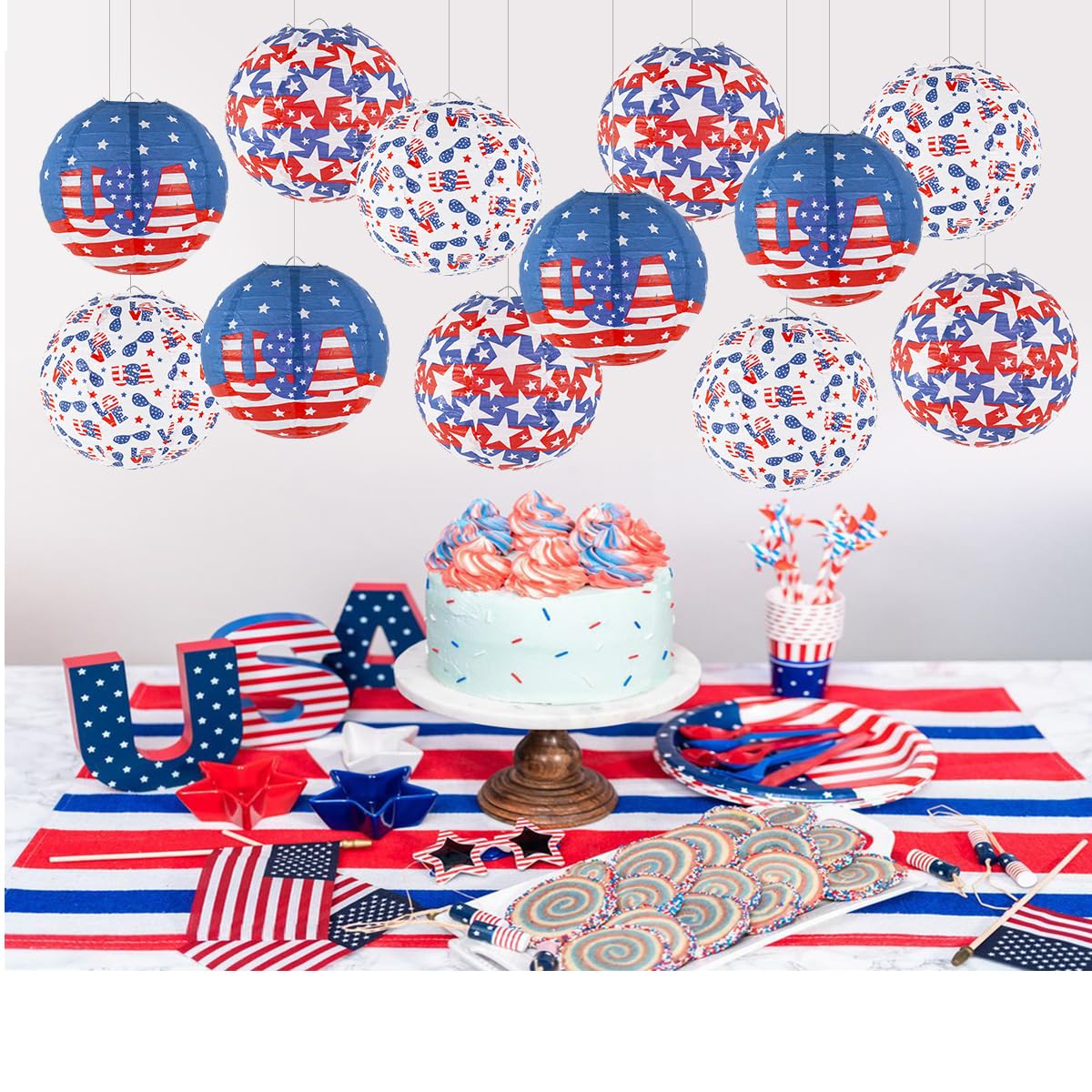 zilue Hanging Paper Lanterns for 4th of July Decorations, Pack of 12, Red/White/Blue, Model 1025