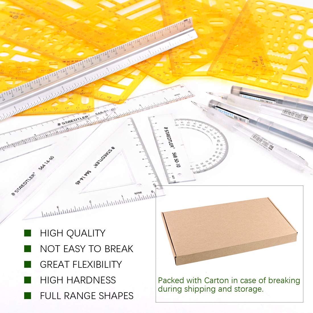 Keadic 12Pcs Geometric Drawings Templates, Geometry Ruler Plastic, Clear Shape Template Yellow Architect Scale Measuring Ruler Drafting Stencils Measuring Tools for Designing and Building