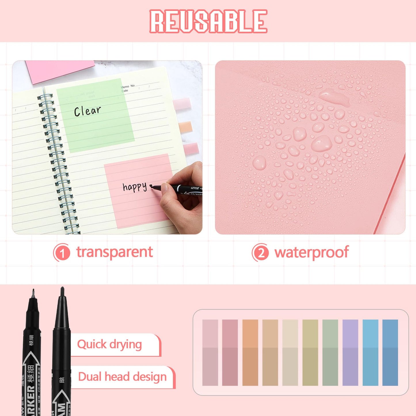 Jutom 39 Pcs Aesthetic Book Annotation Kit Highlighter with Case Bag Gel Pen Transparent Sticky Note Taking Bible Supplies(Pink,Kawaii Style)