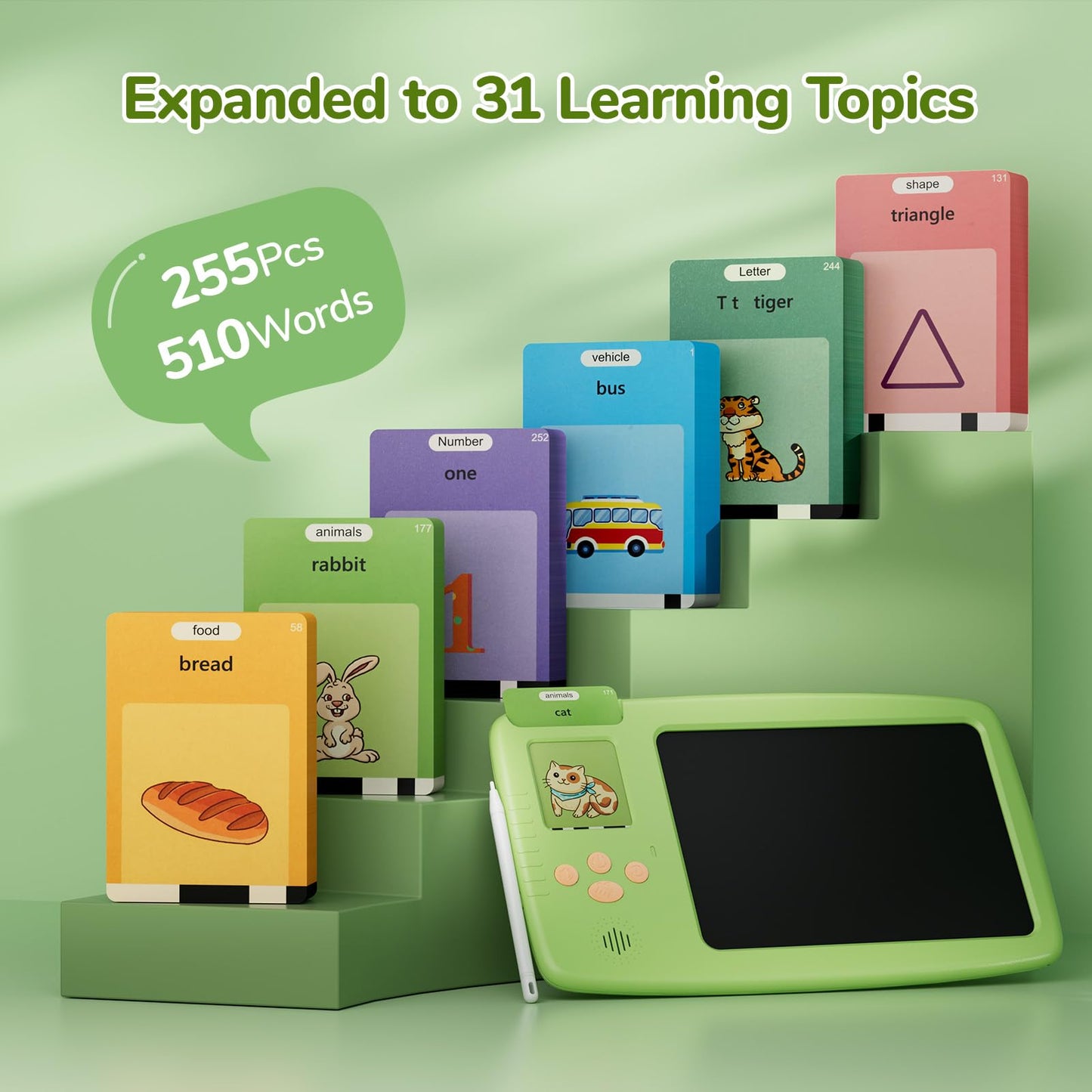 ZONSTVYS Talking Flash Cards for Toddlers: 2-in-1 LCD Writing Tablet with 510 Sight Words, Montessori Language Learning, Autism & Speech Therapy Toys for Children Ages 1-6, Green