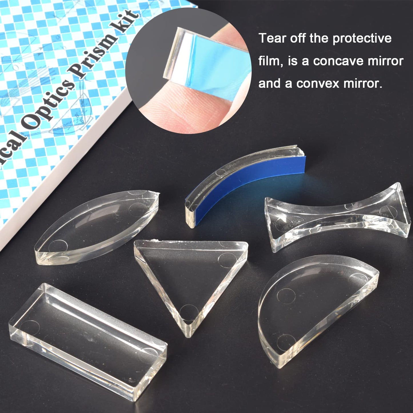6 Pcs Acrylic Glass Light Prism Optical Lens Triangular Semicircular Rectangular Concave Convex Mirror Len Physics Demonstration Tools Equipment for Physics Teaching Lab Reflection Refraction Science