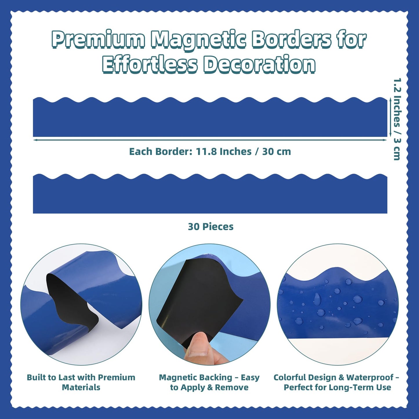 30 Pcs Magnetic Borders for Classroom Whiteboard - Royal Blue Magnetic Bulletin Board Border Set - Scalloped Chalkboard Border Strips for Teachers, Parents, DIY Home,School & Office Decoration