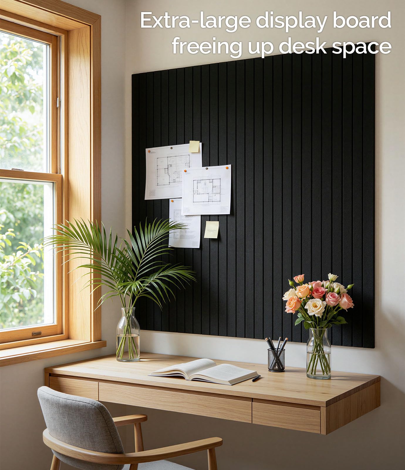 Bounmer Large Cork Board Alternative 48“ x 36”, 12-Pack Felt Bulletin Board Tiles with 60 Safe Removable Adhesive Tabs & 30 Pushpins, Cork Boards for Office Walls Decor (Black)