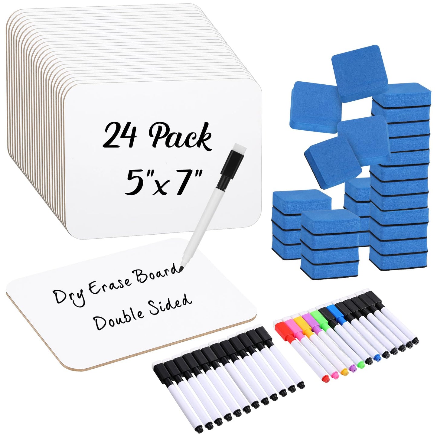 Affrolling 24 Sets Small Whiteboard Dry Erase Boards 5" x7'' Mini Double Sided Dry Erase Lap Boards with Markers Erasers Pen Holders Personal Whiteboards for Students Classroom Teacher